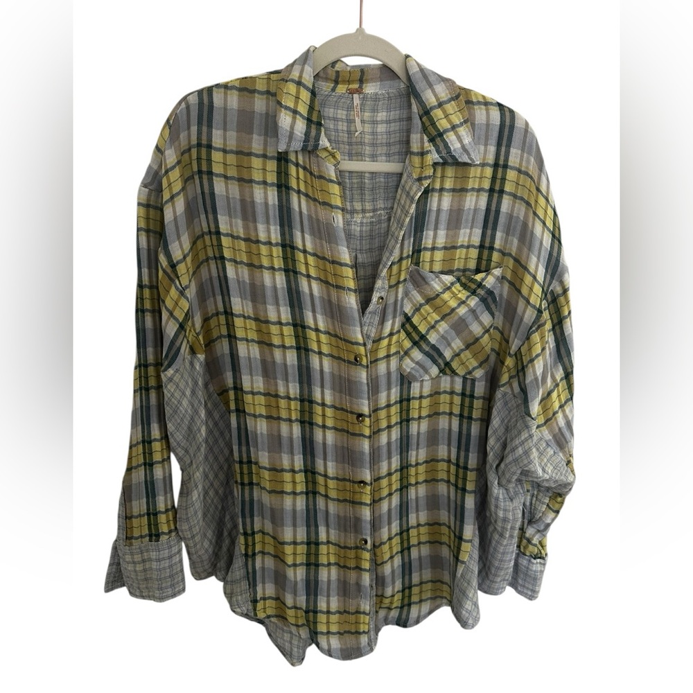 free people yellow & blue light weight ‎ Plaid Button-Up Shirt XS
